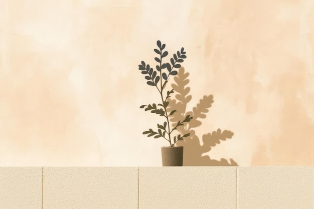 A plant in a pot with a shadow on a wall