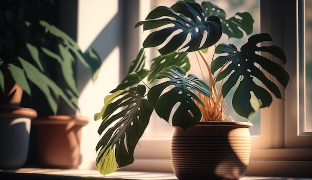 A plant in a pot with a sun shining on it