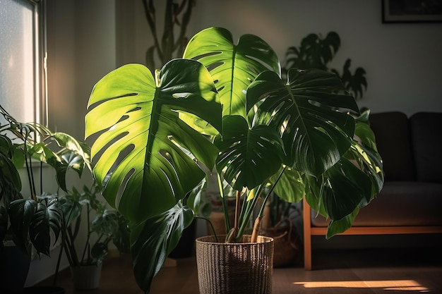 A plant in a pot with the sun shining on it