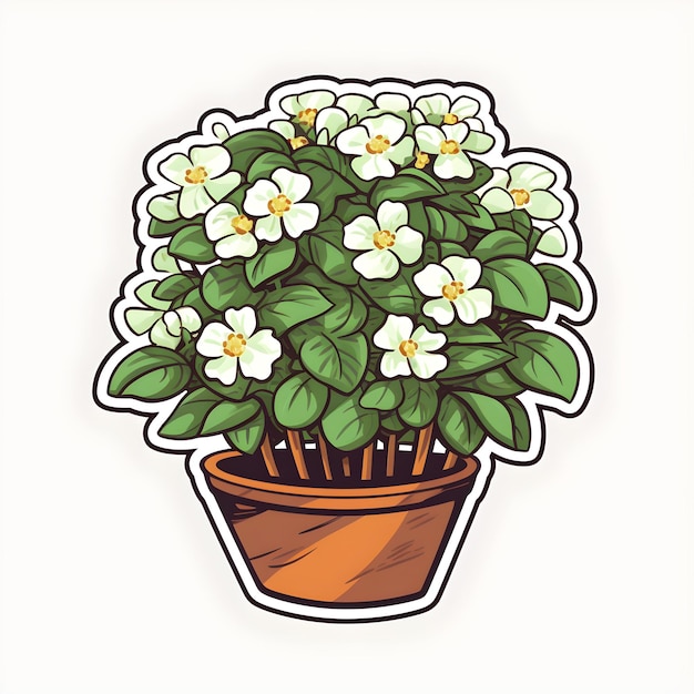 A plant in a pot with white flowers on it.