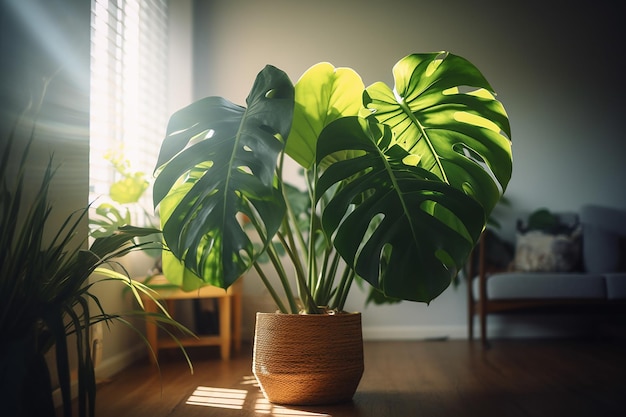 A plant in a pot on a wooden floor