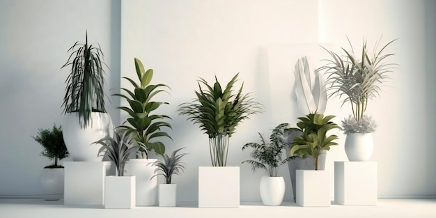 Plant pots and posters in a white room