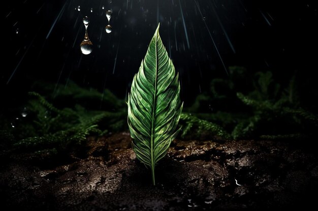 a plant in the rain drops on a dark background.