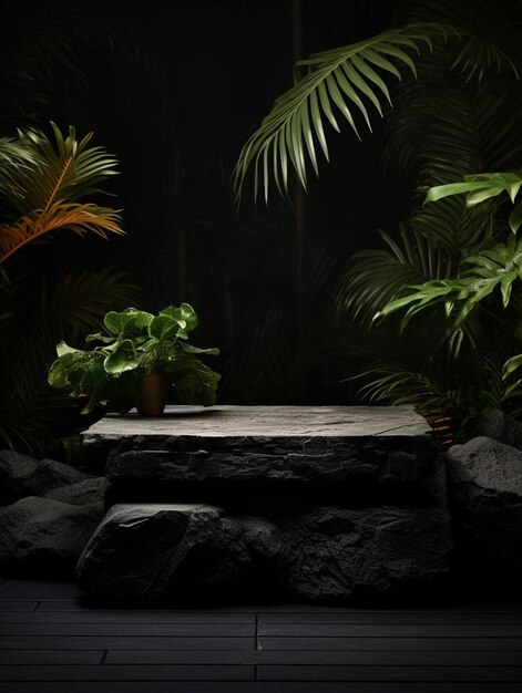 Photo a plant on a rock in the dark