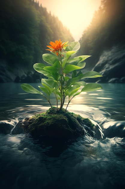 A plant on a rock in the water