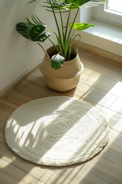 a plant on a rug is next to a potted plant