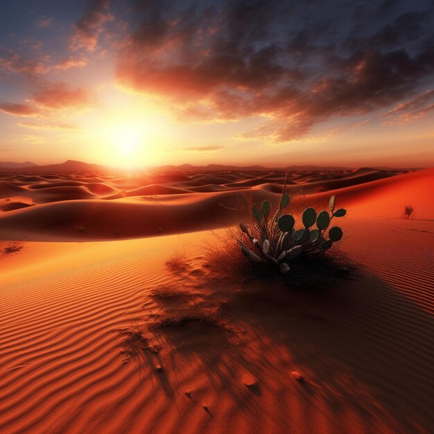 a plant in the sand has a sunset in the background.