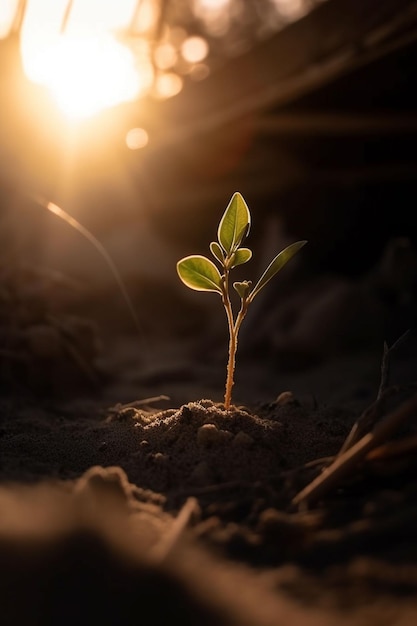 A plant in the sand with the sun shining on it