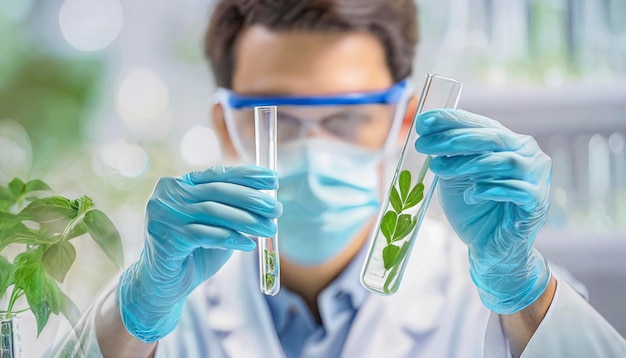 Plant Science Research Biological Chemistry Testing with Organic Leaf Experiments in Test Tubes by Scientist in Biotechnology Lab