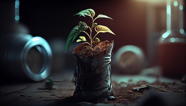 Plant seedling in a pot on ground with soil and blurred backgroundgenerative ai