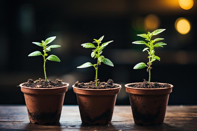 Plant seedlings or little trees with blurring green backdrops to demonstrate the notion of ecosyste