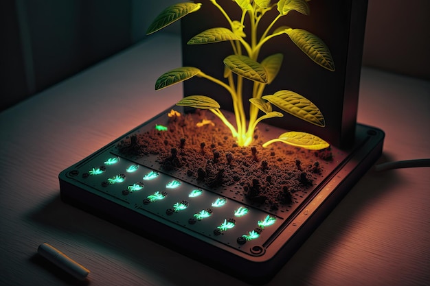 Photo plant seeds germinating beneath an led grow light