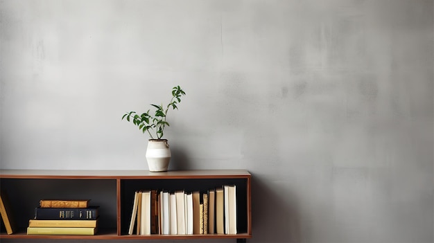 A plant on a shelf with a gray wall behind it