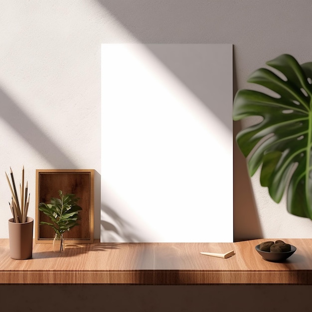 a plant on a shelf with a white board in the corner.