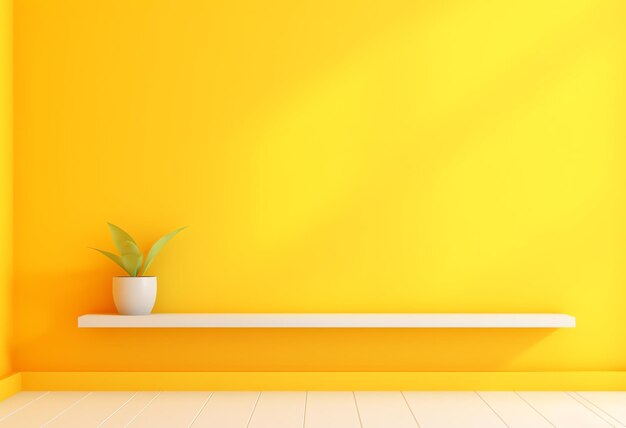 A plant on a shelf in a yellow room