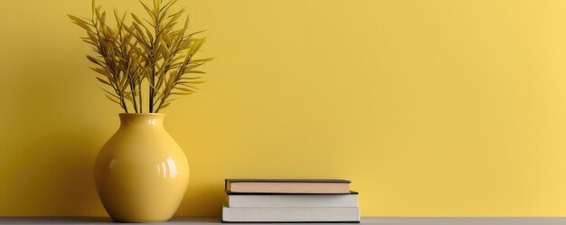 Photo plant showcased in yellow vase against beige wall with bookshelf