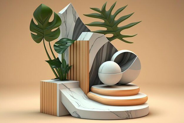 A plant sits atop a wooden platform made of contemporary wood and marble