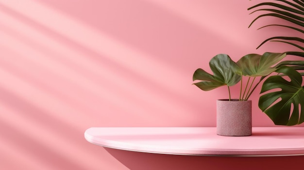 A plant sits on a pink table in a pink room