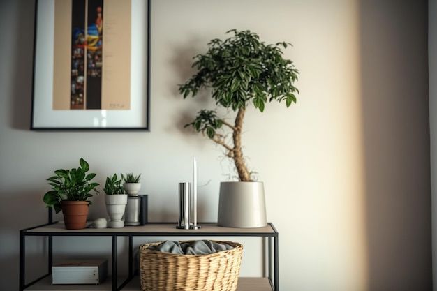 A plant sits on a table in a room with a picture of a tree.