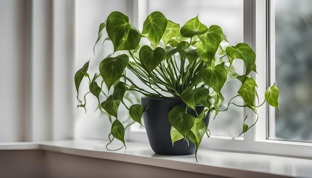 a plant sits on a window sill with a plant in it