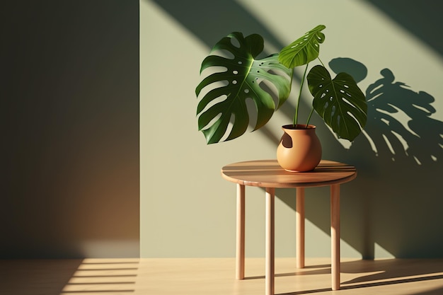 A plant on a small table in front of a green wall