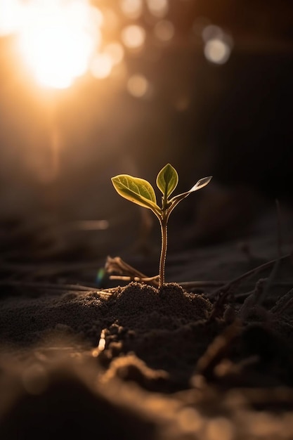 A plant sprouting from the ground in the dark