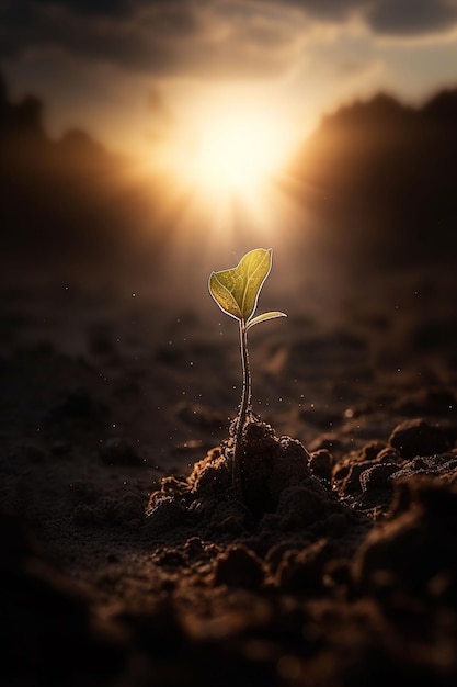 太陽の光を受けて地面から芽を出す植物