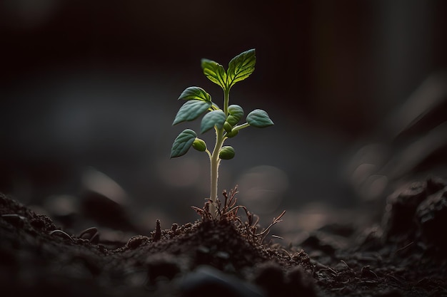 太陽の光を受けて土から芽吹く植物