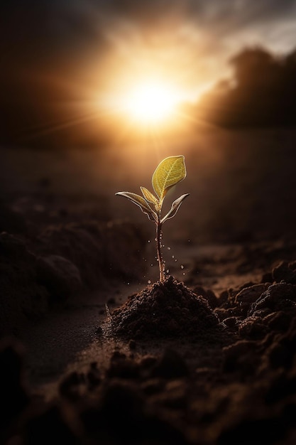 A plant sprouting in the sand with the sun setting behind it.