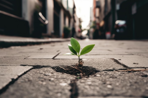 A plant sprouting through a crack in a street