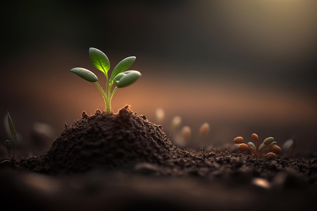 A plant sprouts in a dark soil