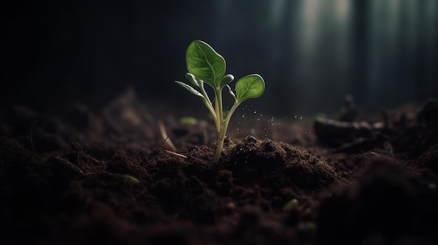 Foto una pianta germoglia nel buio