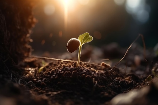 A plant sprouts from the ground in the sunlight