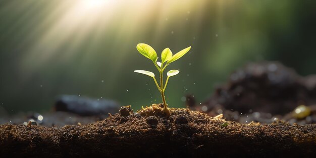 太陽の光を受けて地面から芽吹く植物