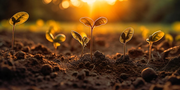 Plant sprouts growing among dirt soil with sun coming out