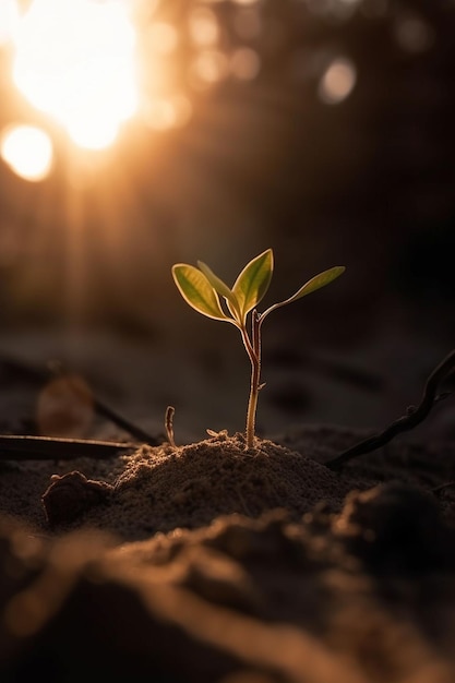 A plant sprouts in the sand