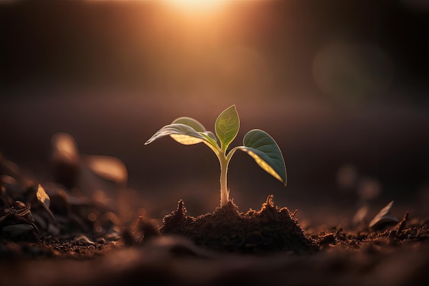 A plant sprouts in the soil with the sun shining on it