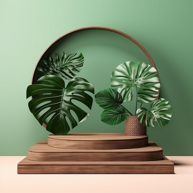 A plant stand with a plant on it and a pot with a plant on it.