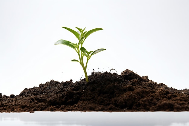 Plant Stem Sprouting from Pile of Dirt on White Background