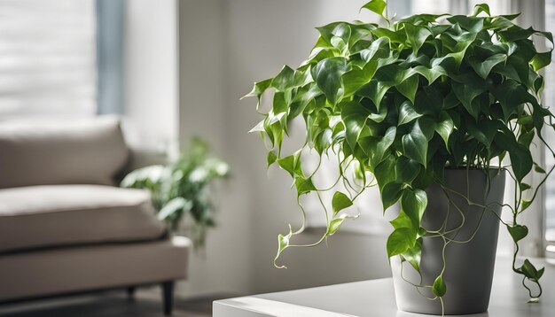 a plant on a table with a chair in the background