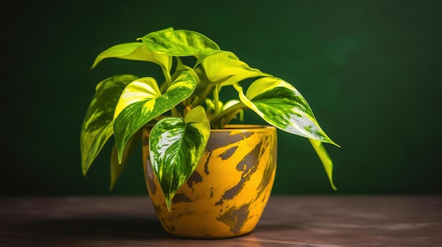 A plant on a table with a green background