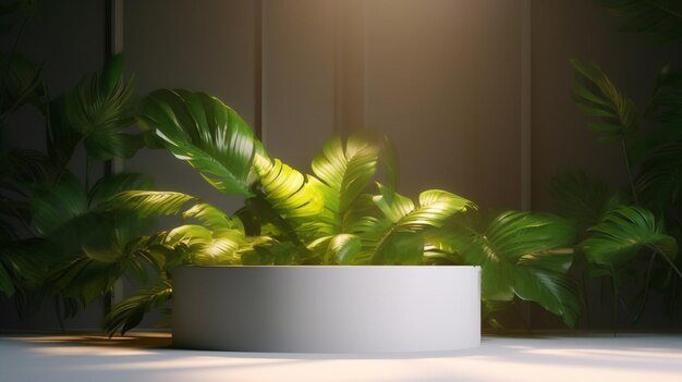 ライトがついたテーブルの上の植物