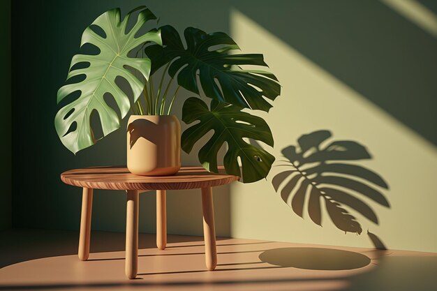 A plant on a table with a shadow of a leaf on it