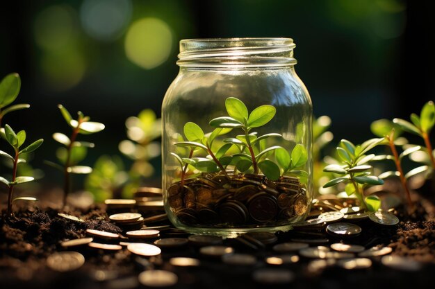 Plant that grows in coin glass bottle for money in the green grass generative IA