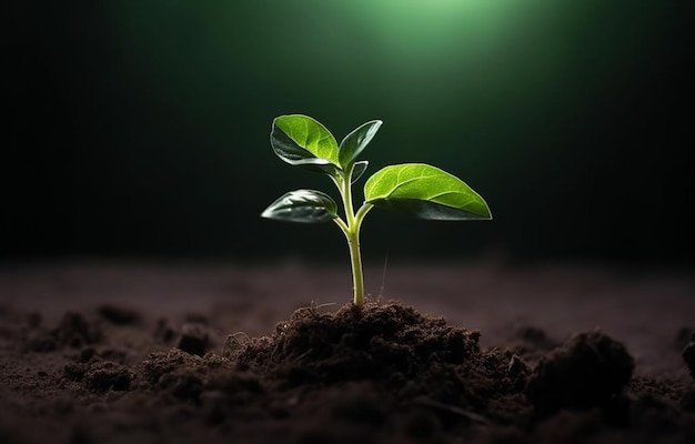 A plant that is in the dirt with the light shining on it.