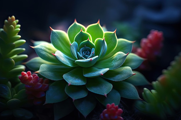 A plant that is green and has a red light on it