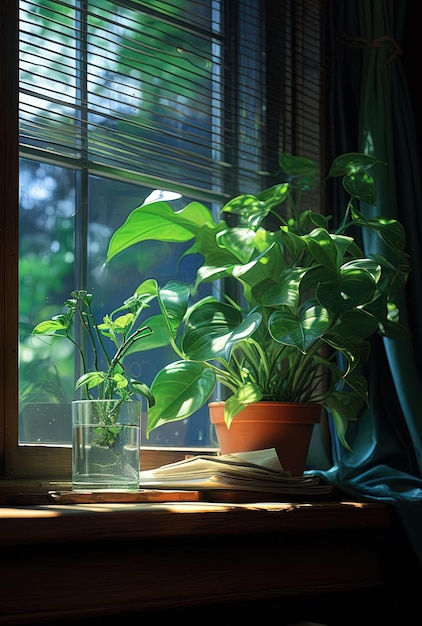 a plant that is sitting on a window sill in the style of emerald