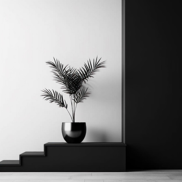 a plant in a vase is in front of a white wall.