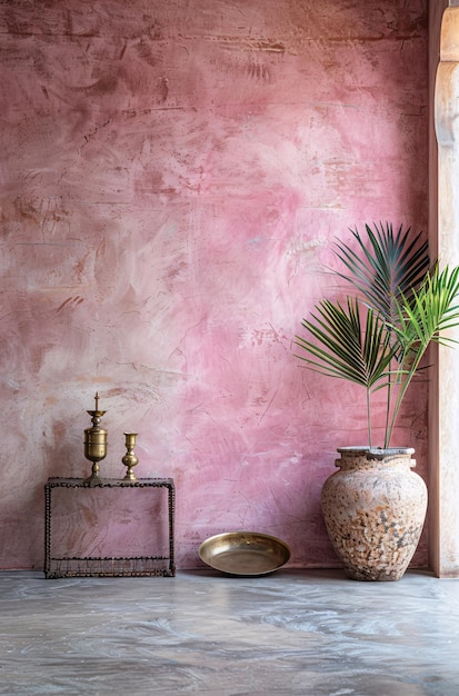 Photo a plant in a vase next to a pink wall