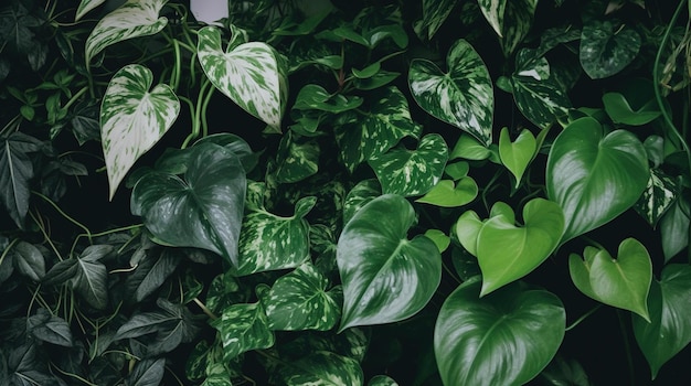 바닥에 녹색 잎과 흰색 하트가 있는 식물 벽.